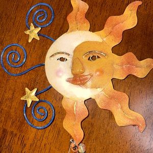 NEW Happy Sun Metal Hanging Ornament. Total length 22”.